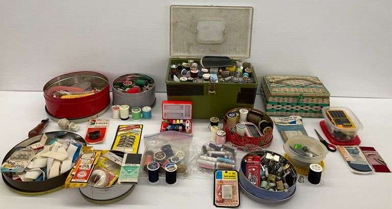 Large Sewing Supplies Lot with Spools, Notions, Storage image