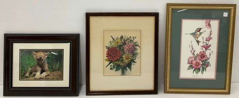 Framed Art Prints: Wolf Cub, Hummingbird, and Floral Still Life image