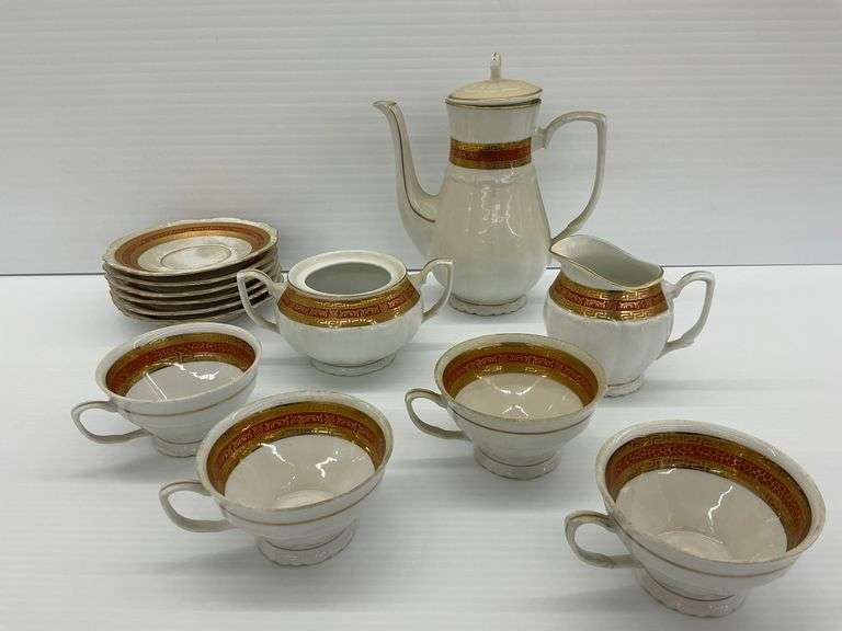 Vintage Poland Tea Set with Red and Gold Trim image