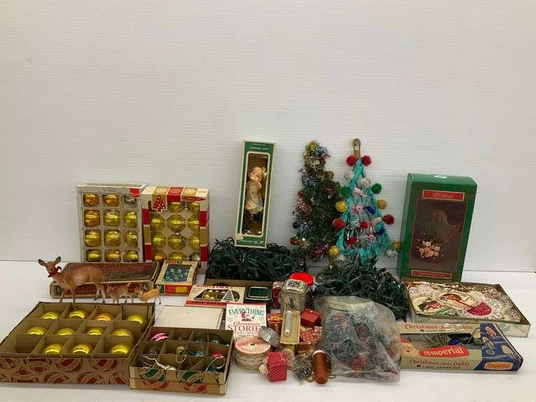 Mixed Lot of Vintage Christmas Decorations, Ornaments, Lights, and Figurines image