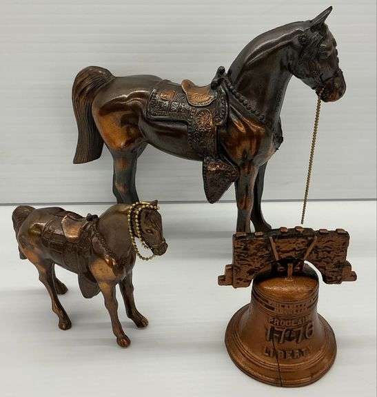 Vintage Metal Horse Figurines with Farmers & Merchants Bank Bell image