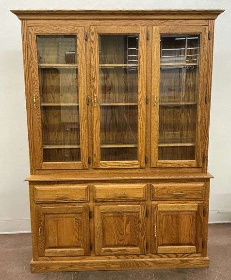 Oak Hutch with Glass Doors and Drawers image