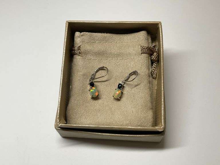 Pair of Sterling Silver Earrings with Opal and Black Stone Accents image