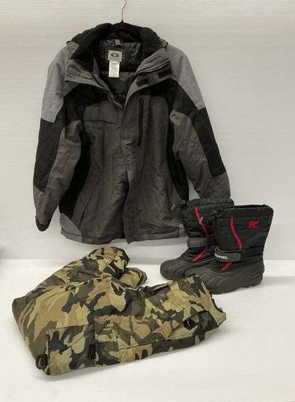 Boys Size 12/14 Athletic Works Jacket, Sorel Boots Size 5, Camo Snow Pants image