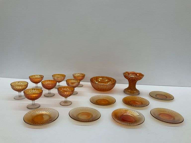 Iridescent Marigold Carnival Glass Collection - Bowls, Plates, and Stemware image