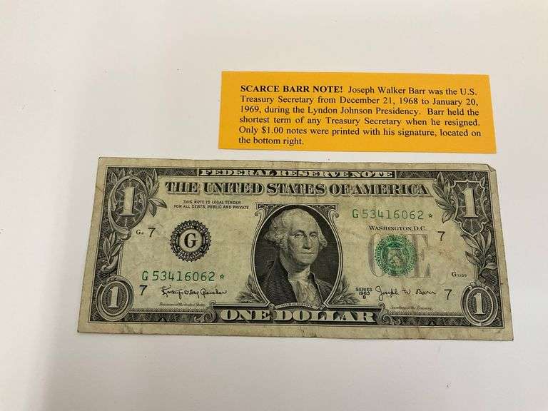 Joseph Walker Barr Signed $1 Note image