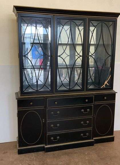 Black 2-Piece China Cabinet with Gold Trim and Key... has damage image