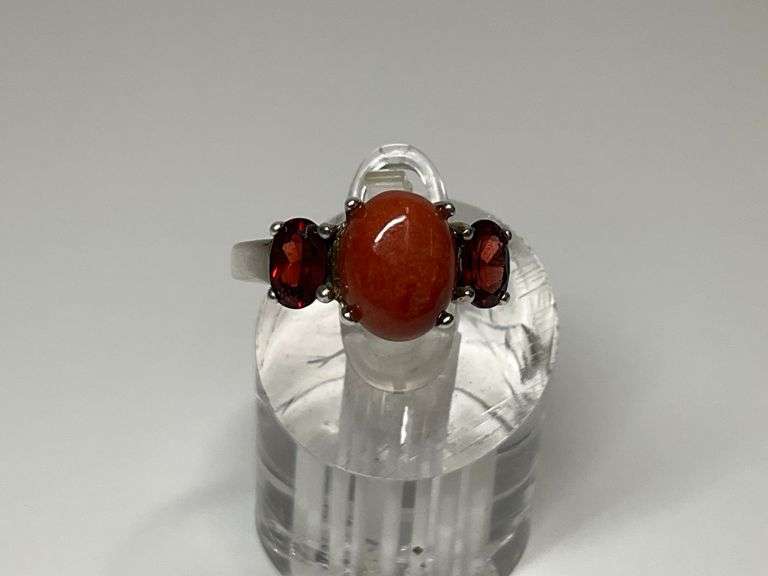Sterling Silver Cabochon Marbled Orange Jade & Multi Oval Cut Garnet Ring...Size 7 image