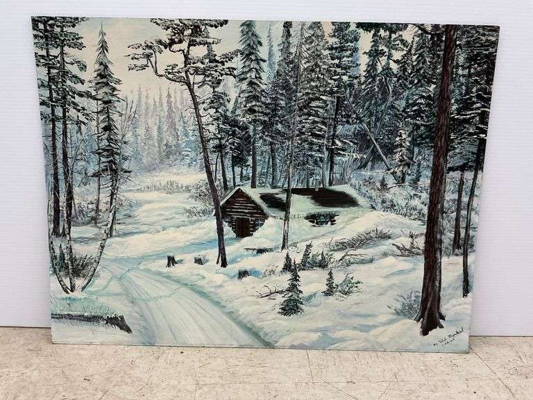 W.J. Merkel Signed Painting - Winter Cabin Scene image