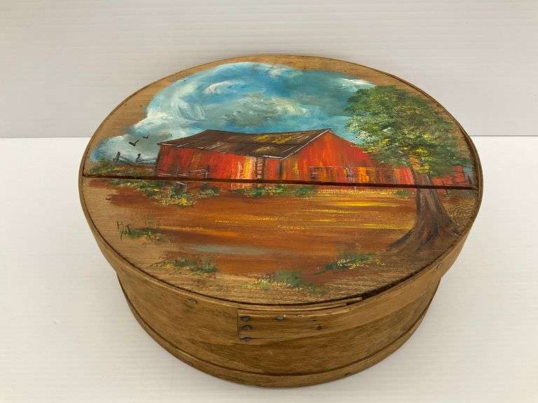 Vintage Seymour Woodenware Cheese Box with Folk Art Barn Painting image