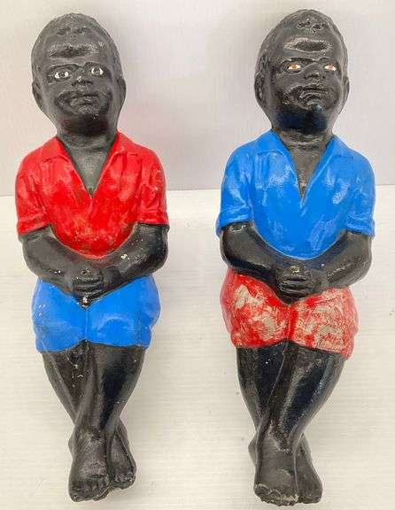 Pair of Painted Cement Statues... missing fishing poles image