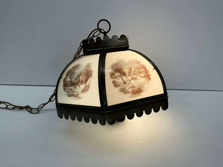 Vintage Currier & Ives Glass 6-Panel Hanging Lamp... works image