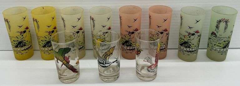 Group of 11 Vintage Decorated Glasses Featuring Birds and Figures image