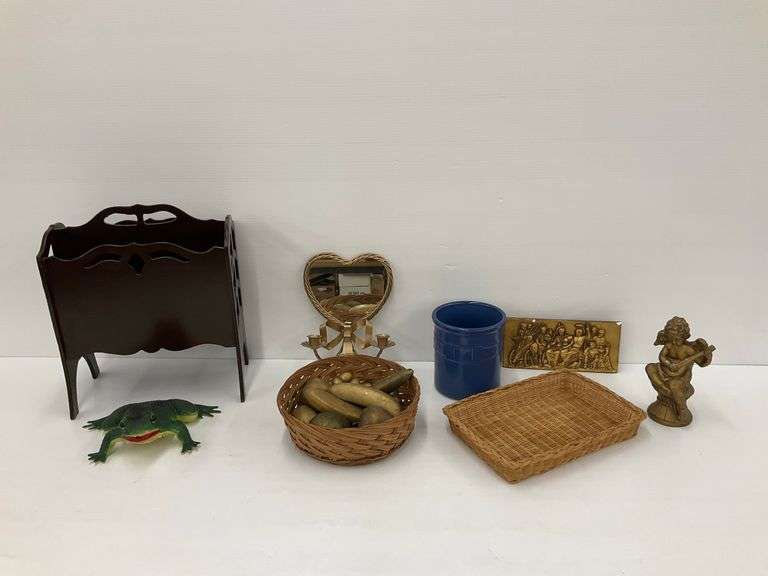 Eclectic Home Decor Grouping - Frog, Basket, Sculpture, Magazine Rack image
