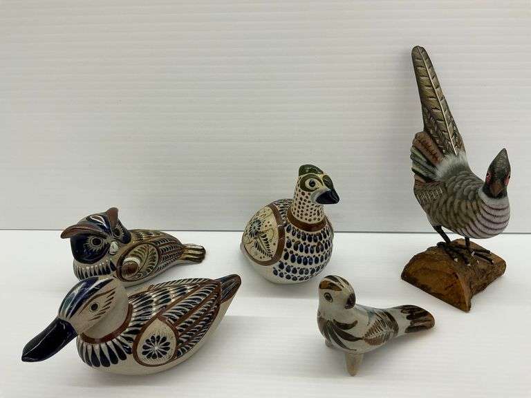 Signed Mexican Pottery Animal Figurines & Wooden Pheasant Sculpture image