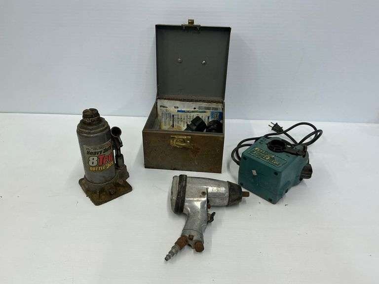 Assorted Tools Including Impact Wrench, Drill Sharpener, Jack and More image