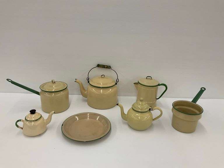 Enamelware Kitchenware Group with Teapots, Kettle, Pots and Plate image