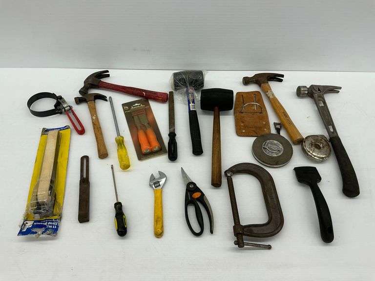 Mixed Lot of Hand Tools Including Hammers, Screwdrivers, and More image