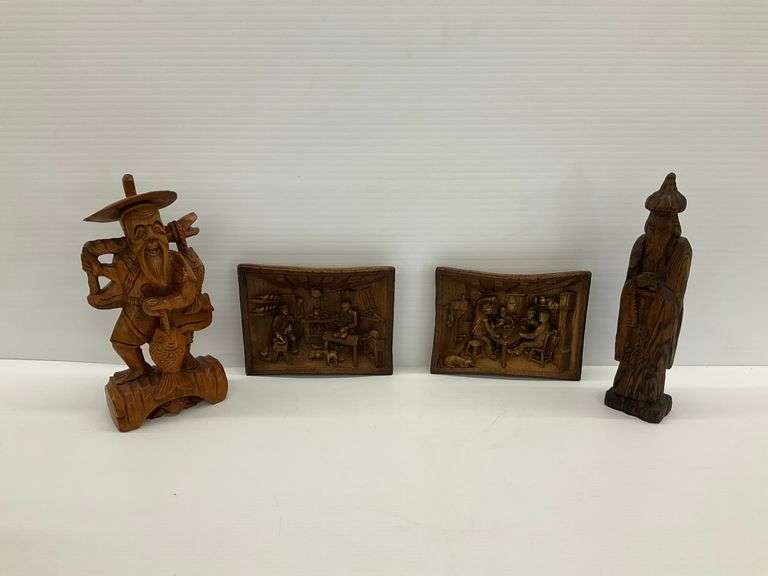 Hand Carved Wooden Asian Statues and Relief Plaques image