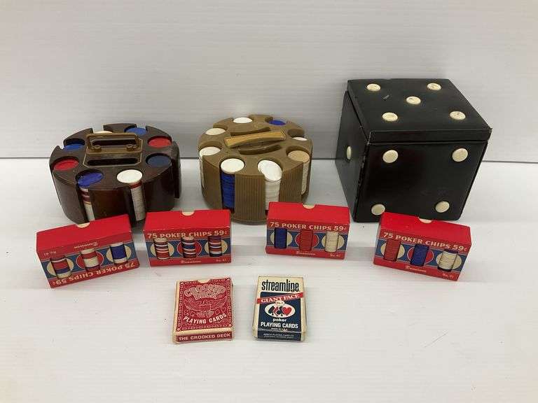 Assorted Vintage Game Sets: Poker Chips, Playing Cards and Checkerboard Die Box image