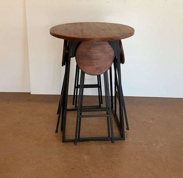 Round Wooden Table with 4 Folding Stools...Table is 39.5 x 29.5 in. - see all photos... great space saver! image