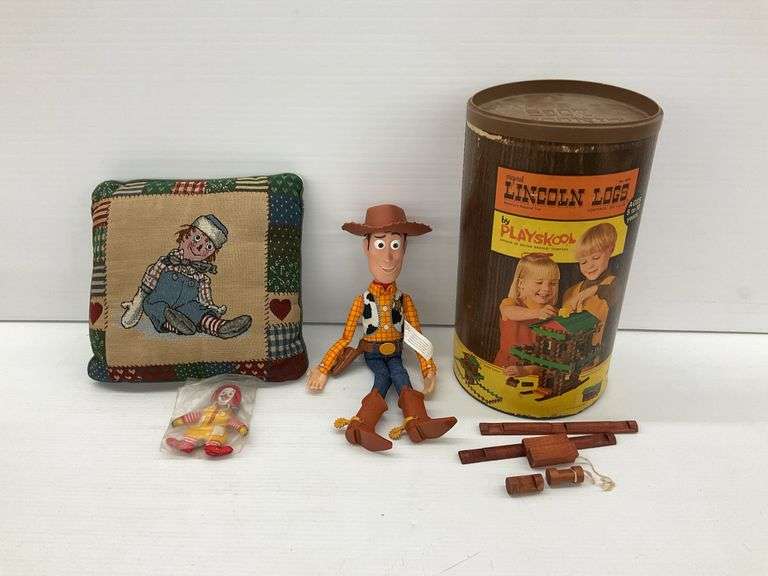 Mixed Lot: Woody Toy, Lincoln Logs, Raggedy Ann Pillow, and Ronald McDonald Toy image