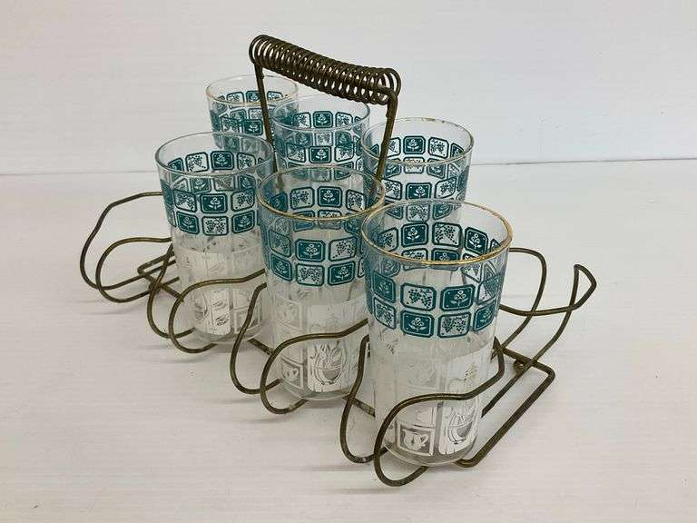 Six Mid-Century Style Drinking Glasses with Metal Carrier 12.5 x 7.5 in. image