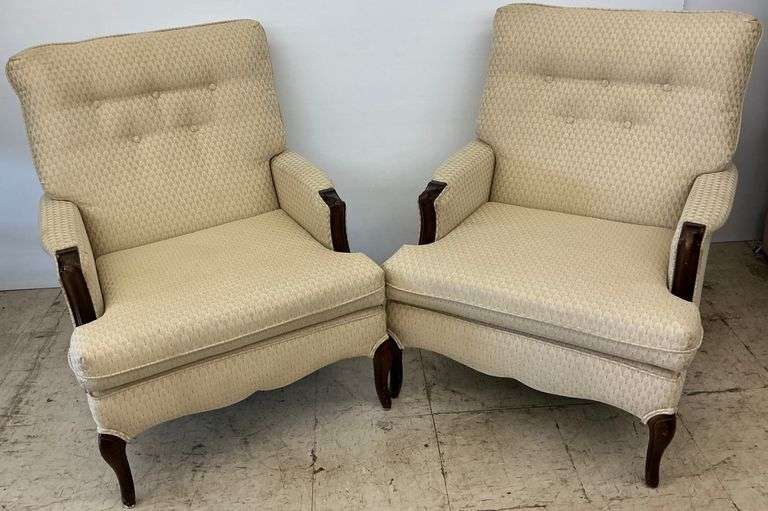 Pair of Traditional Armchairs with Upholstered Seats and Dark Wood Arms...35 x 29 x 28 in. image