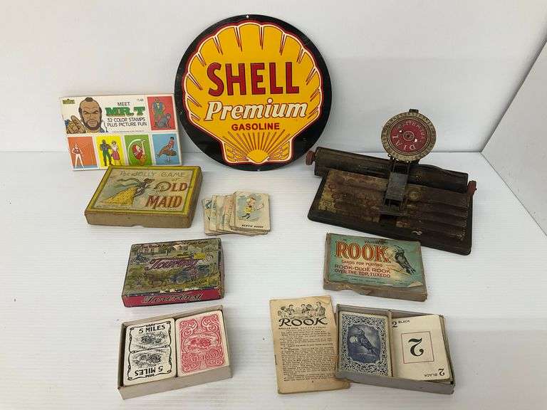 Mixed Vintage Lot: Shell Sign, Dial Typewriter, Mr. T Stamps, and Card Games image