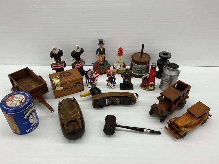 Assorted Collectible Figurines, Wooden Toys, Cigar Box, Bank and Novelty Items image