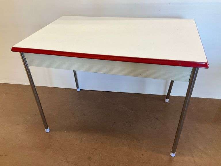 Retro Chrome Leg Enamel Table with Red Trim... legs need adjusting...28 x 40 x 25 in. image