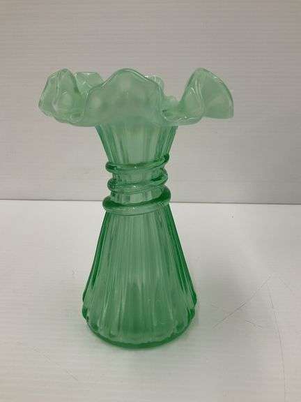 Vintage Fenton Green Glass Vase with Ruffled Edge - Handmade in USA...7.5 in. tall image