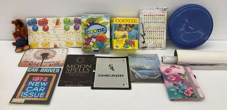 Assorted Collectibles: Cootie Games, Car Magazines, Notebooks, Chicago White Sox Folder, Tin Signs image
