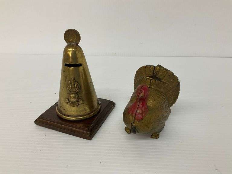 Two Metal Coin Banks, Turkey and Royal Artillery Fuse Cover Trench Art 6 in. tall image