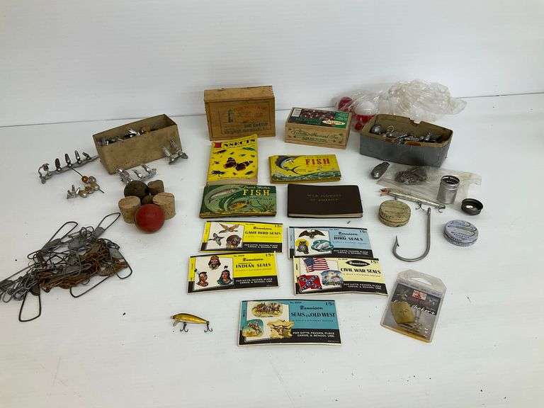 Vintage Fishing Supplies and Books, Dennison Seals, Insects & Wild Flower Books image