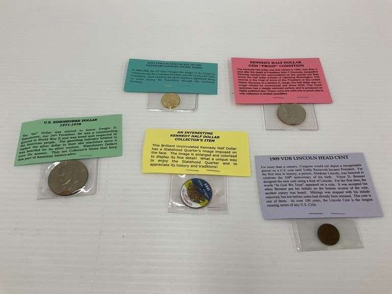 US Coins Collection - Eisenhower Dollar, Kennedy Half Dollars, Lincoln Cent, Gold Plated Nickel image