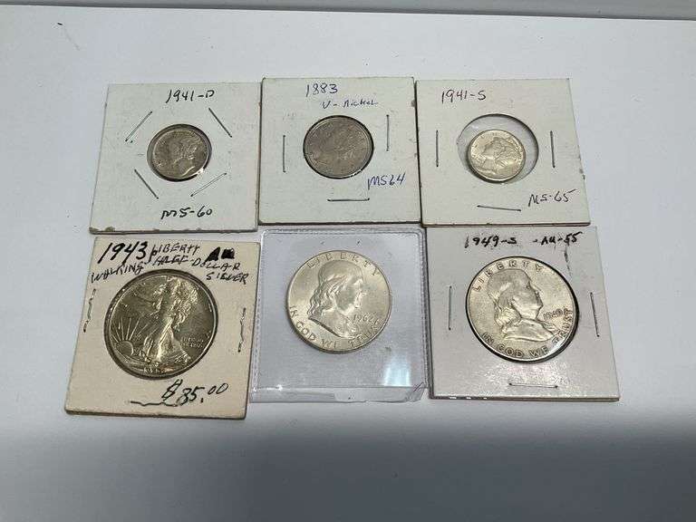 Assorted US Coins - Mercury Dimes, Walking Liberty & Franklin Half Dollars, and V-Nickel image