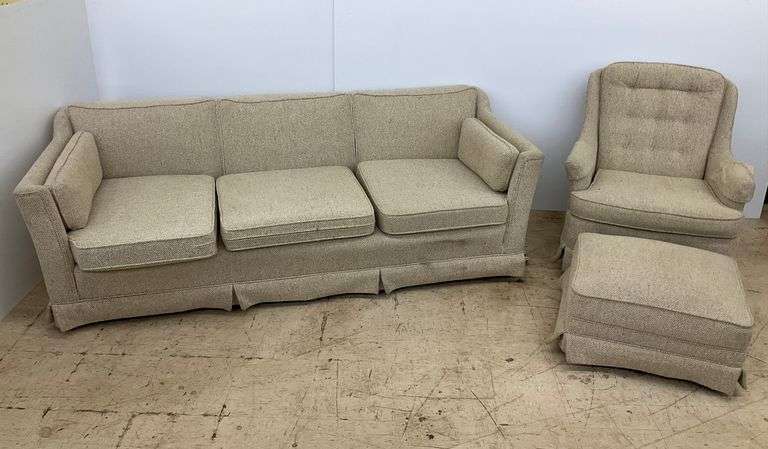 Upholstered Living Room Set: Sofa 28 x 82 x 32 in., Swivel Rocker 34 x 32 x 30 in. & Ottoman image