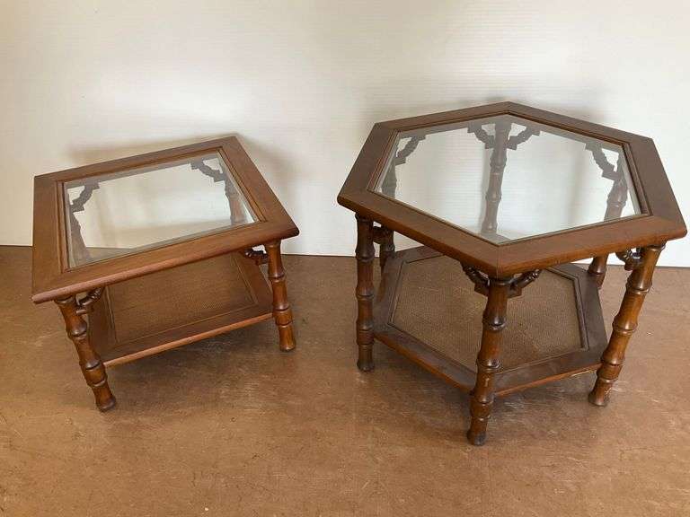 Pair of Wooden End Tables with Glass Tops and Shelves...Largest 20 x 29 x 25.5 in. image