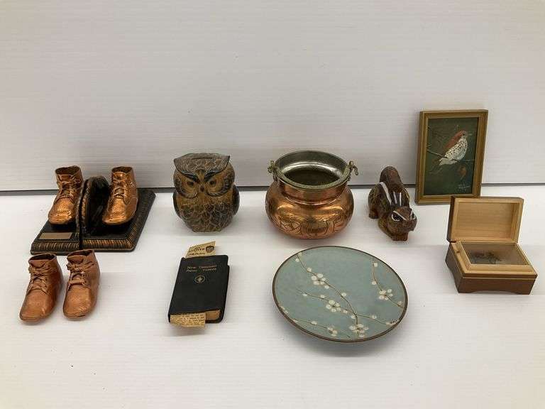 Assorted Home Decor Items: Baby Shoe Bookends, Owl Bank, Bird Painting, and More image