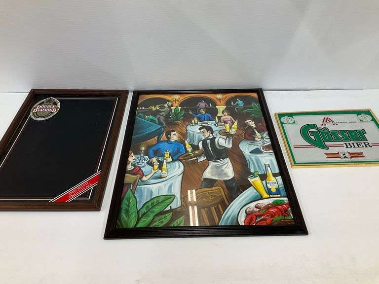 Framed Beer Advertising Art - Double Diamond (loose from frame), Gösser Bier, and Restaurant Scene image