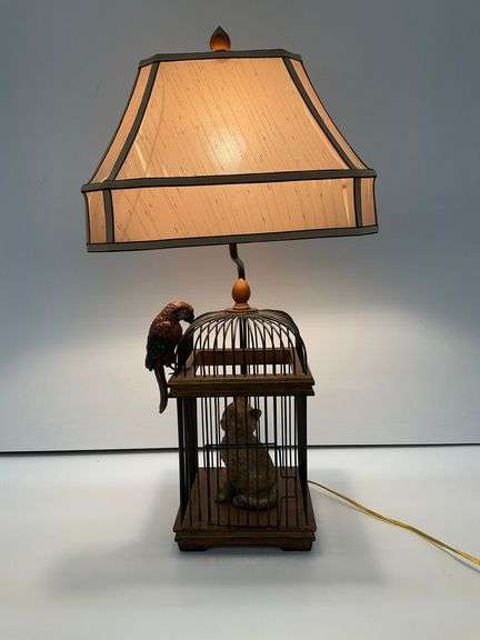 Novelty Birdcage Lamp with Parrot Perch and Cat Sculpture... Works-Shade Has Tears...30 in. tall image