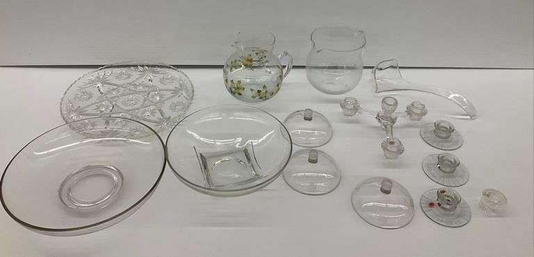 Mixed Lot of Glassware: Bowls, Pitchers (tallest 7.5 in.), and Candle Holders image
