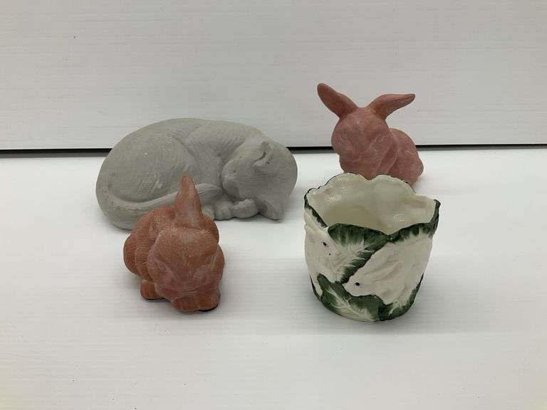 Lot of Decorative Animal Figures: Ceramic Rabbit Planter, Cat and Rabbit Statues image