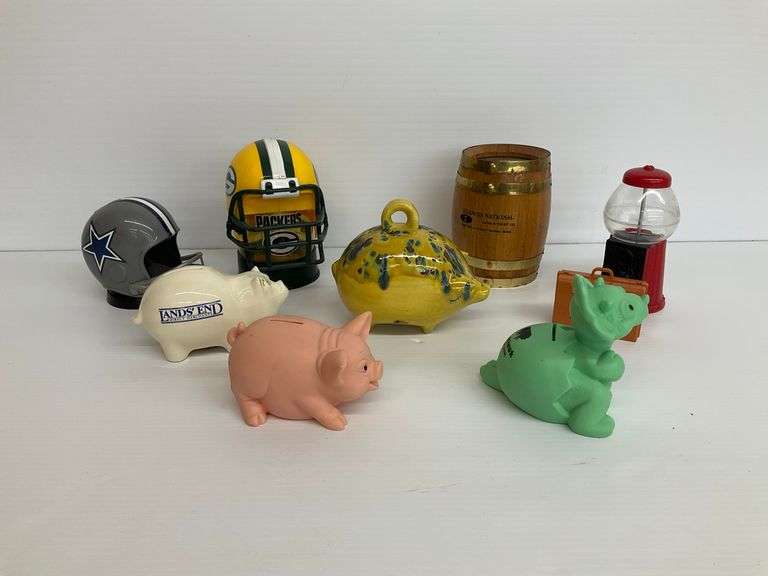 Mixed Lot of Novelty Banks - Piggy, Football Helmets, Gumball Machine, and More image