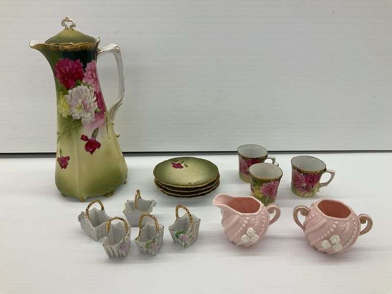 Antique Bavarian Floral Partial Chocolate Set (1 saucer cracked), Porcelain Baskets, Creamer & Sugar image