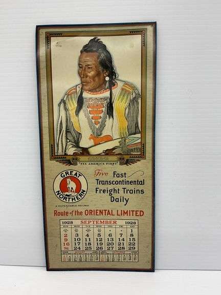 Contemporary Tin Sign of 1928 Great Northern Railway Calendar - "See America First"... 21 x 9.5 in. image