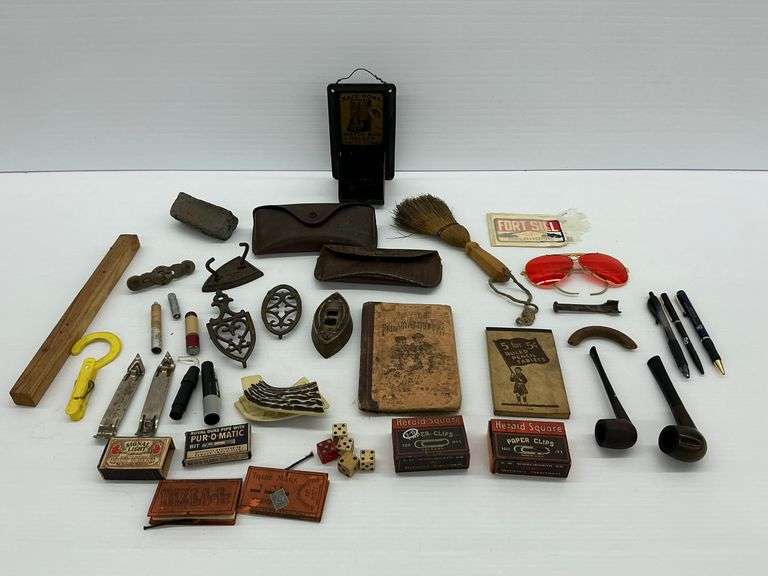 Mixed Lot of Vintage Collectibles: Matchbox Holder, Sadirons & Trivets, School Book, and More image