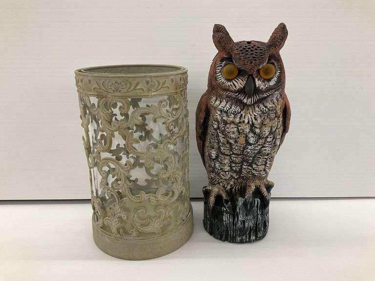 Owl Decoy Figure (has hole in foot) and Decorative Glass Candle Holder...Owl 16 in. tall image