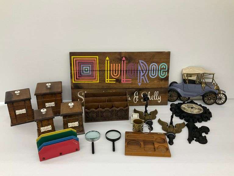 Assorted Home Decor Lot: LuLaRoe Sign, Wooden Canisters, Wall Clock, and More image